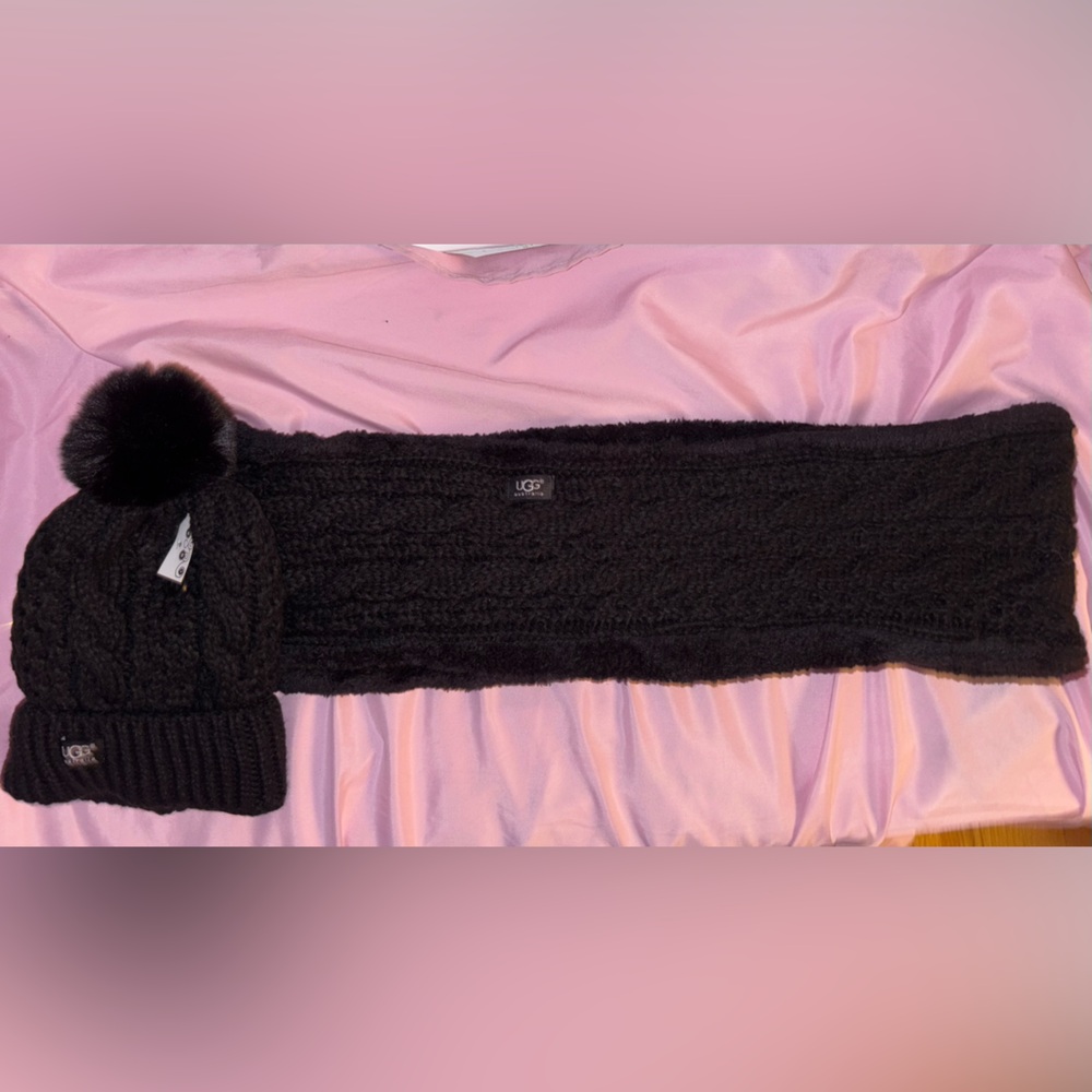 Beanie Fur Hat With Pom Pom & Infinity Reversible Scarf Set
